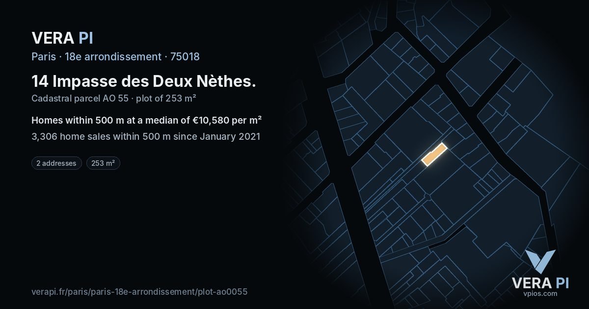 14 Impasse des Deux Nèthes, 18e arrondissement at night – the plot lit, the parcels around coloured by the prices near them