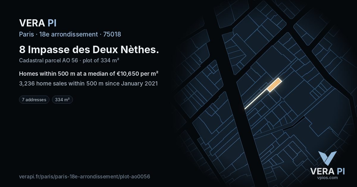 8 Impasse des Deux Nèthes, 18e arrondissement at night – the plot lit, the parcels around coloured by the prices near them
