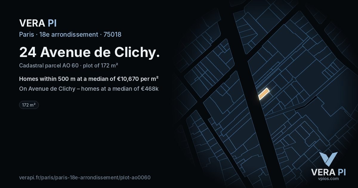 24 Avenue de Clichy, 18e arrondissement at night – the plot lit, the parcels around coloured by the prices near them