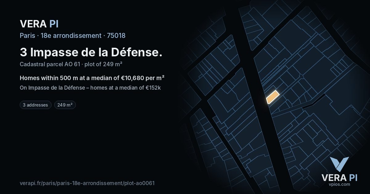 3 Impasse de la Défense, 18e arrondissement at night – the plot lit, the parcels around coloured by the prices near them