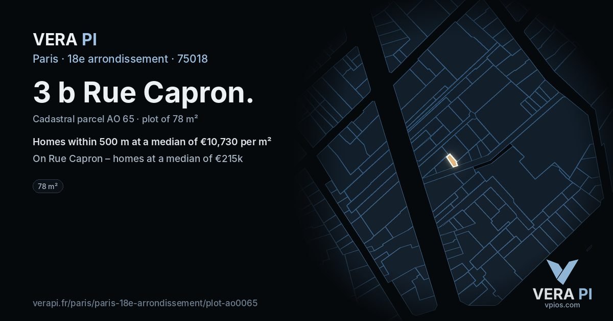 3 b Rue Capron, 18e arrondissement at night – the plot lit, the parcels around coloured by the prices near them