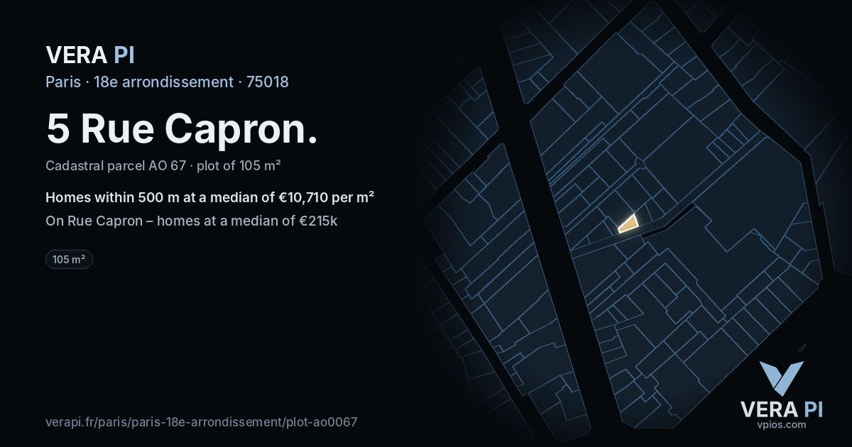 5 Rue Capron, 18e arrondissement at night – the plot lit, the parcels around coloured by the prices near them