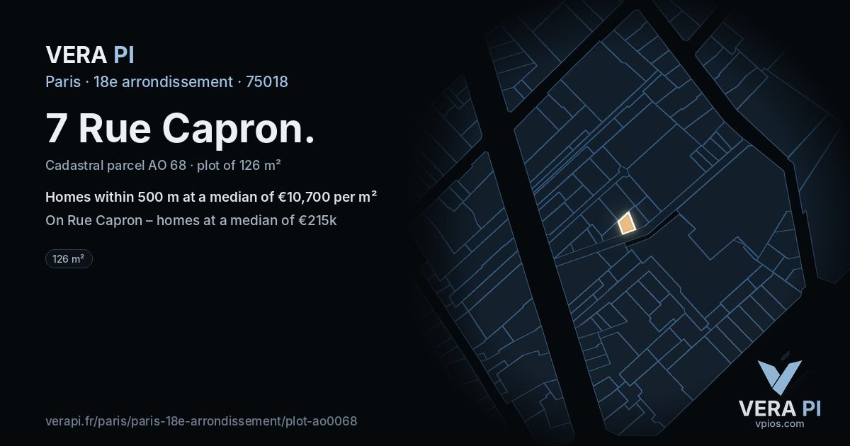 7 Rue Capron, 18e arrondissement at night – the plot lit, the parcels around coloured by the prices near them