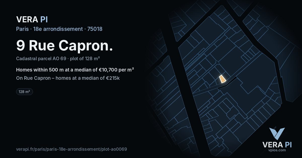 9 Rue Capron, 18e arrondissement at night – the plot lit, the parcels around coloured by the prices near them