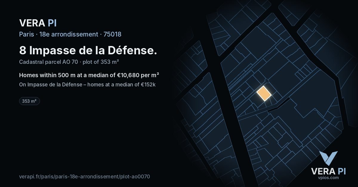 8 Impasse de la Défense, 18e arrondissement at night – the plot lit, the parcels around coloured by the prices near them