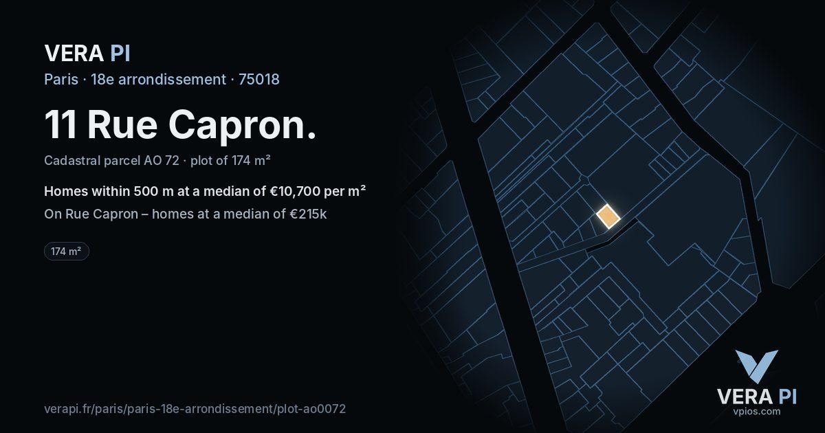 11 Rue Capron, 18e arrondissement at night – the plot lit, the parcels around coloured by the prices near them