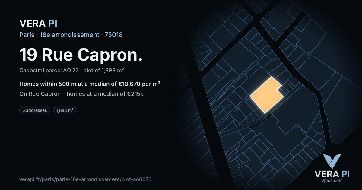 19 Rue Capron, 18e arrondissement at night – the plot lit, the parcels around coloured by the prices near them
