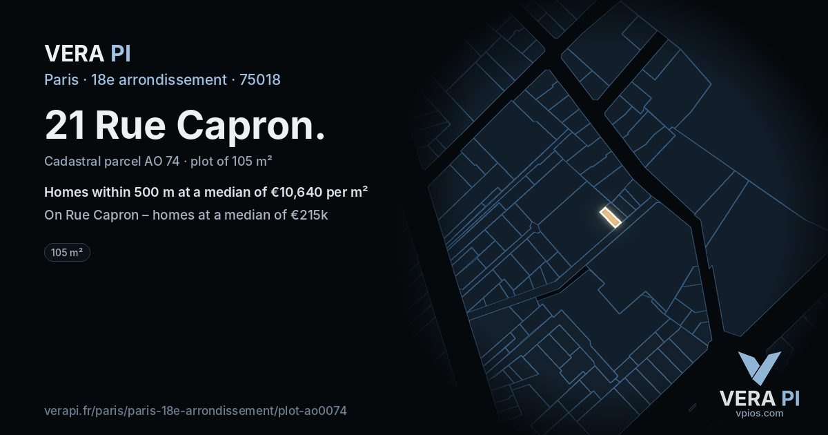 21 Rue Capron, 18e arrondissement at night – the plot lit, the parcels around coloured by the prices near them