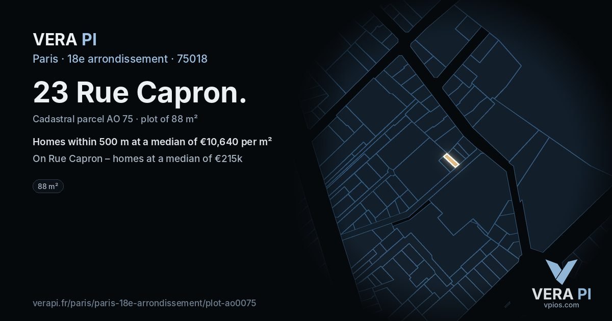23 Rue Capron, 18e arrondissement at night – the plot lit, the parcels around coloured by the prices near them