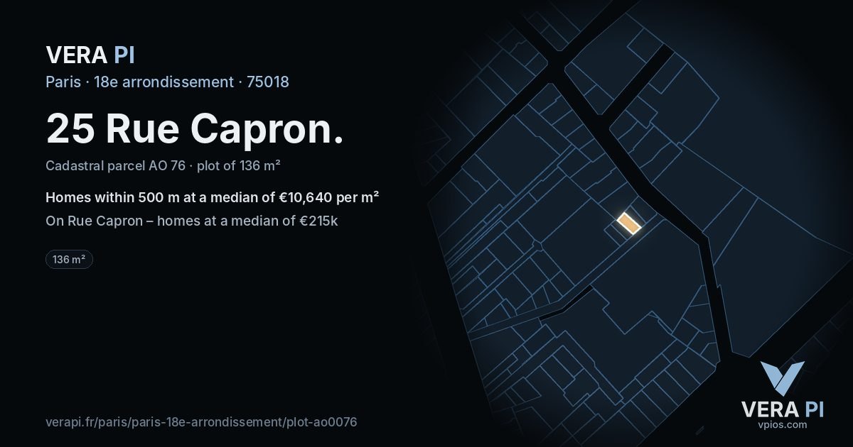 25 Rue Capron, 18e arrondissement at night – the plot lit, the parcels around coloured by the prices near them