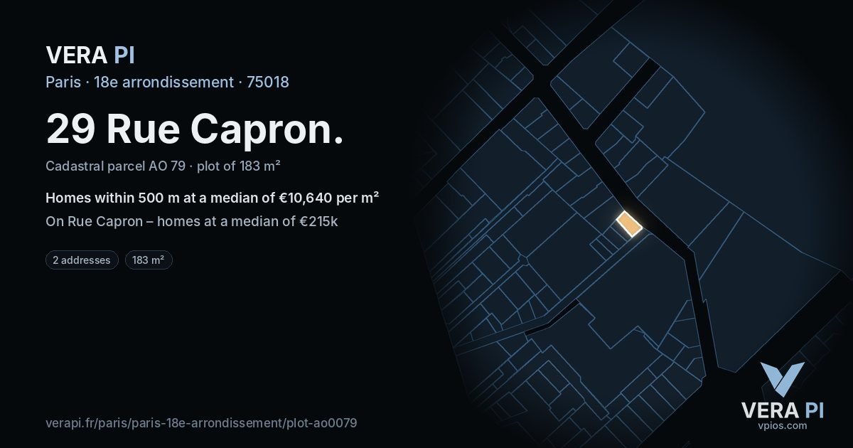 29 Rue Capron, 18e arrondissement at night – the plot lit, the parcels around coloured by the prices near them