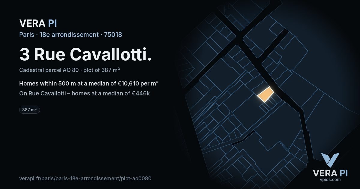 3 Rue Cavallotti, 18e arrondissement at night – the plot lit, the parcels around coloured by the prices near them