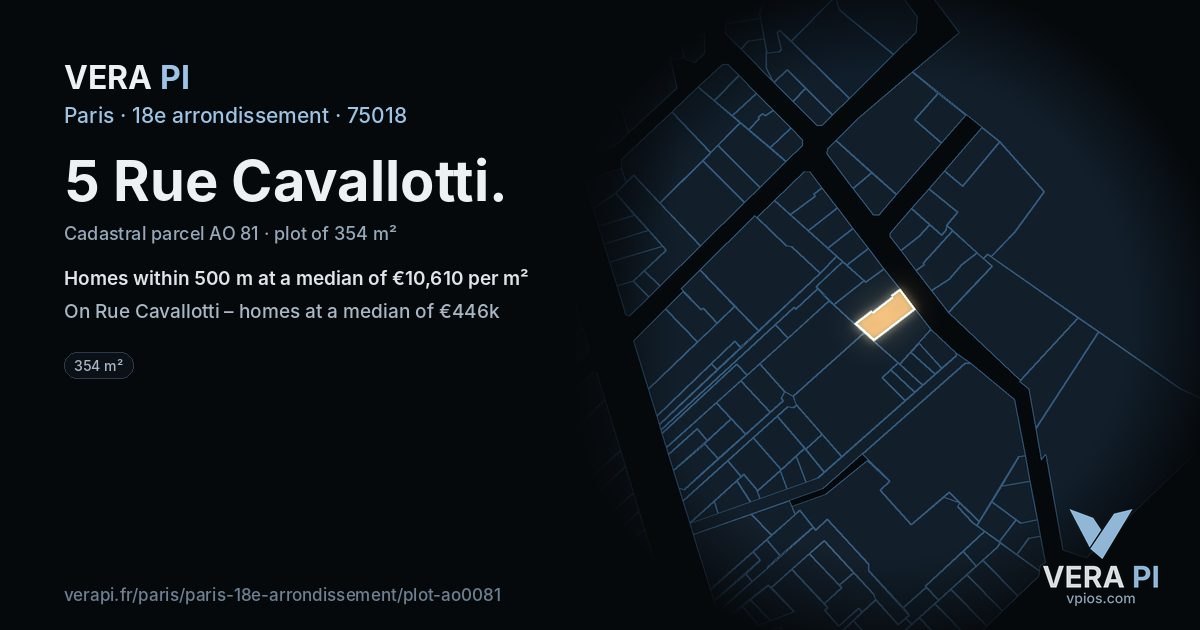 5 Rue Cavallotti, 18e arrondissement at night – the plot lit, the parcels around coloured by the prices near them