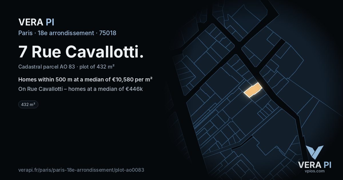 7 Rue Cavallotti, 18e arrondissement at night – the plot lit, the parcels around coloured by the prices near them