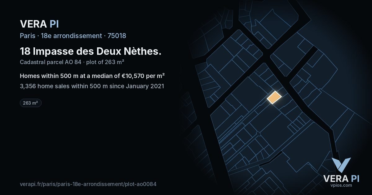 18 Impasse des Deux Nèthes, 18e arrondissement at night – the plot lit, the parcels around coloured by the prices near them