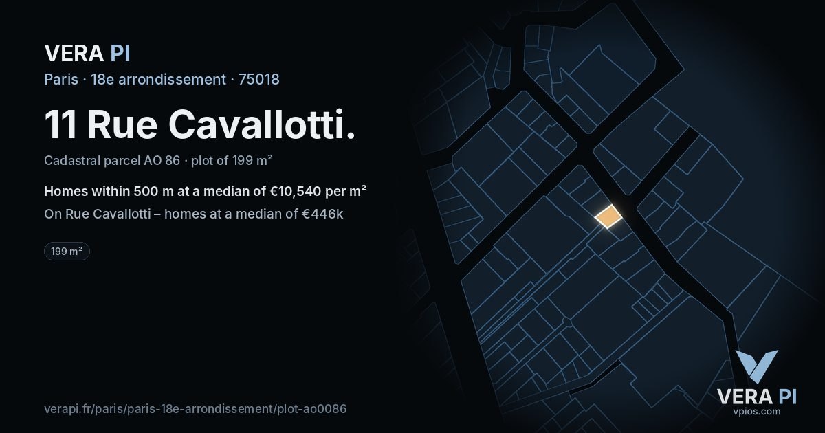 11 Rue Cavallotti, 18e arrondissement at night – the plot lit, the parcels around coloured by the prices near them