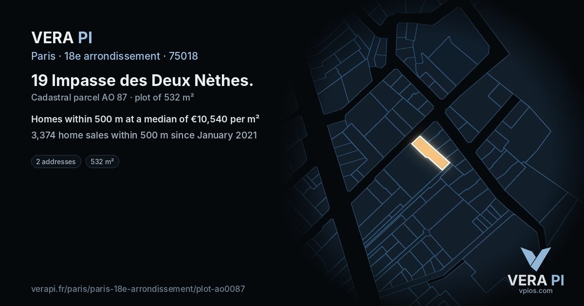 19 Impasse des Deux Nèthes, 18e arrondissement at night – the plot lit, the parcels around coloured by the prices near them