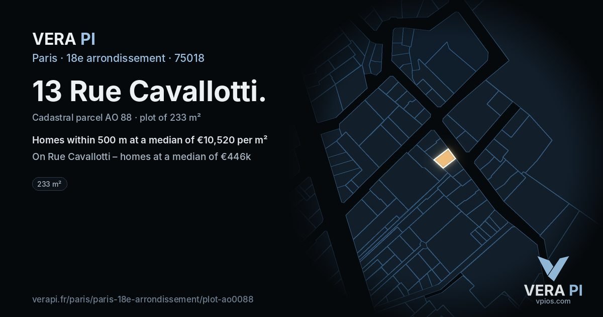 13 Rue Cavallotti, 18e arrondissement at night – the plot lit, the parcels around coloured by the prices near them