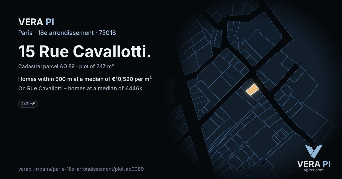 15 Rue Cavallotti, 18e arrondissement at night – the plot lit, the parcels around coloured by the prices near them