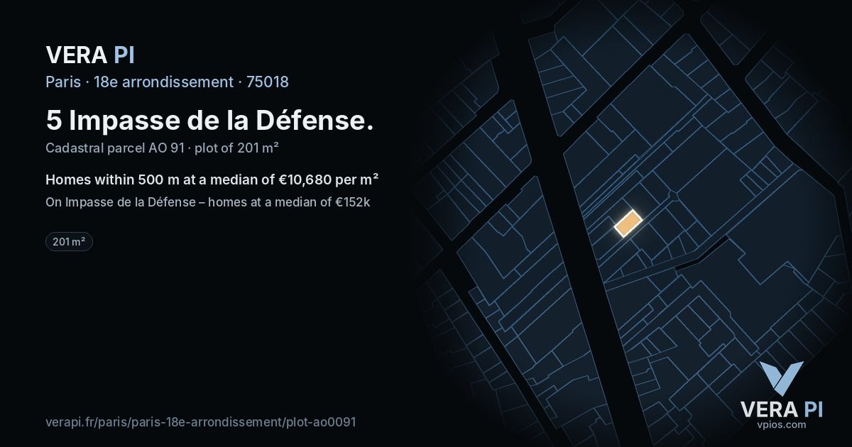 5 Impasse de la Défense, 18e arrondissement at night – the plot lit, the parcels around coloured by the prices near them