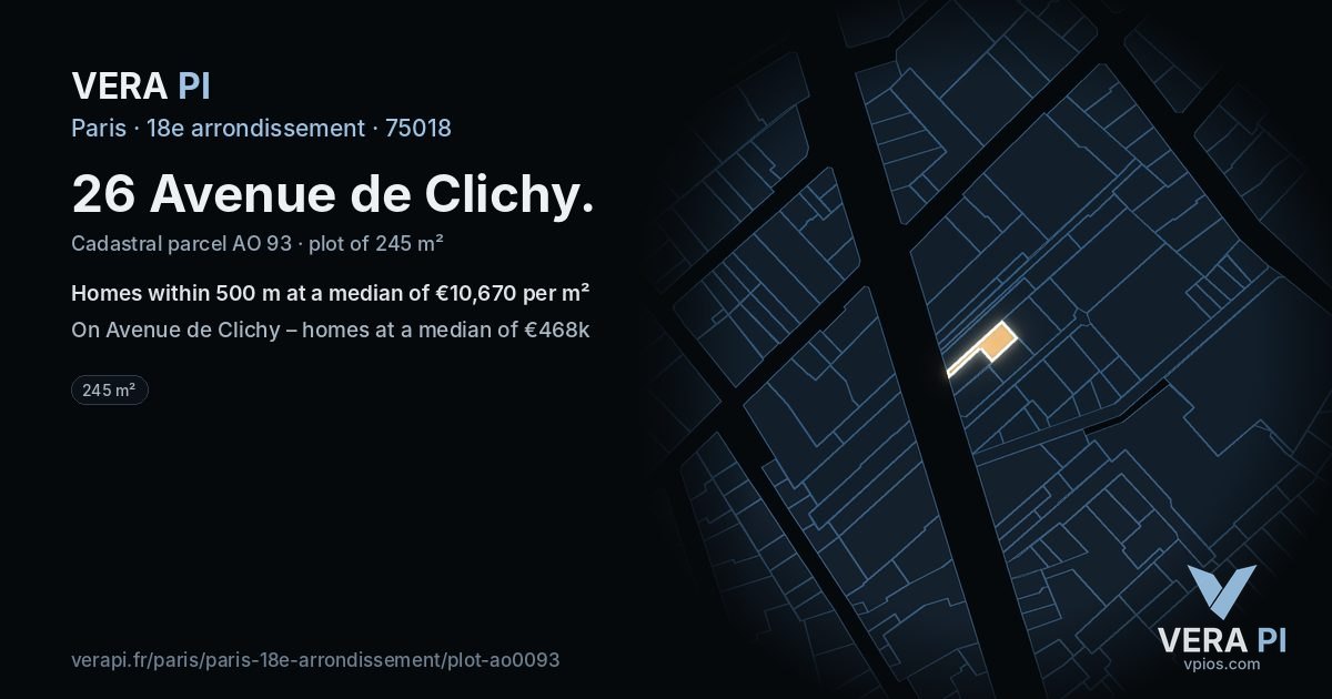 26 Avenue de Clichy, 18e arrondissement at night – the plot lit, the parcels around coloured by the prices near them