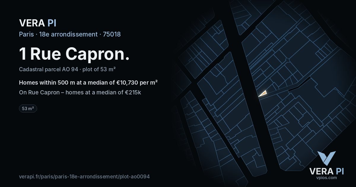 1 Rue Capron, 18e arrondissement at night – the plot lit, the parcels around coloured by the prices near them