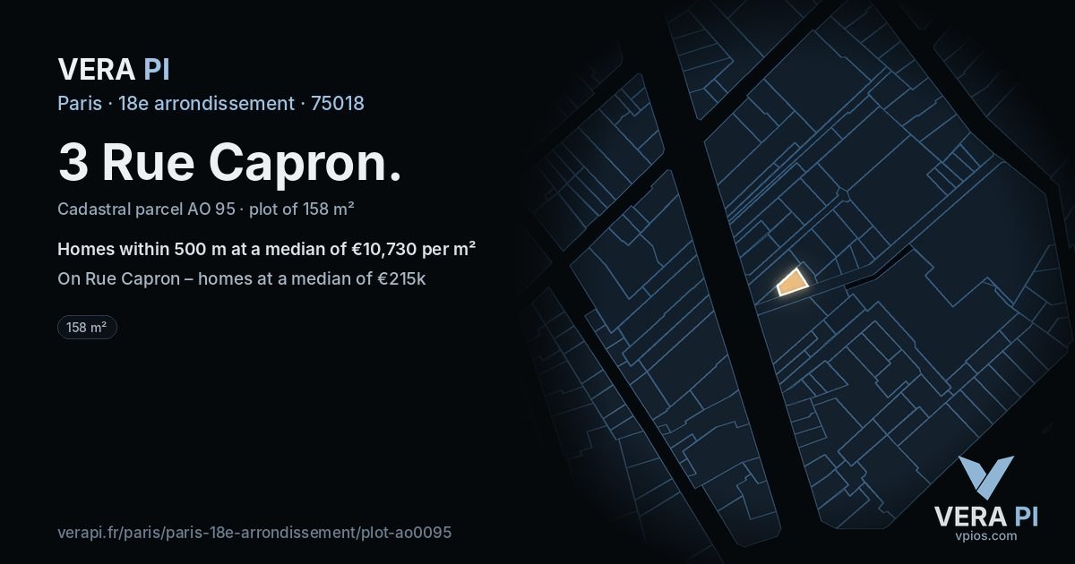 3 Rue Capron, 18e arrondissement at night – the plot lit, the parcels around coloured by the prices near them