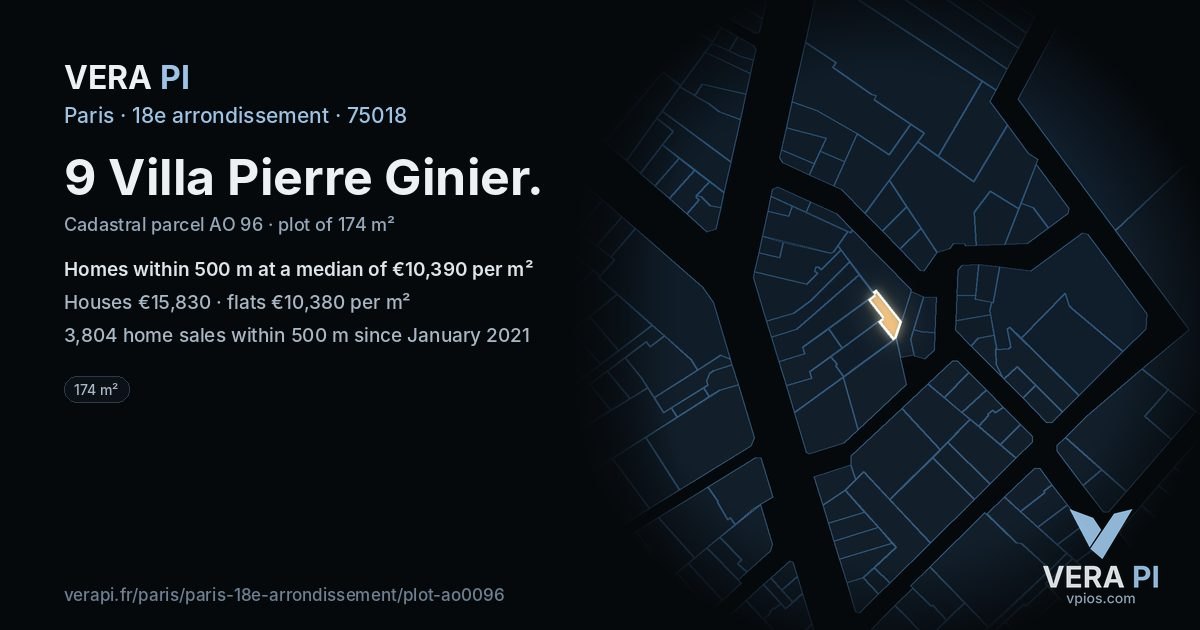9 Villa Pierre Ginier, 18e arrondissement at night – the plot lit, the parcels around coloured by the prices near them