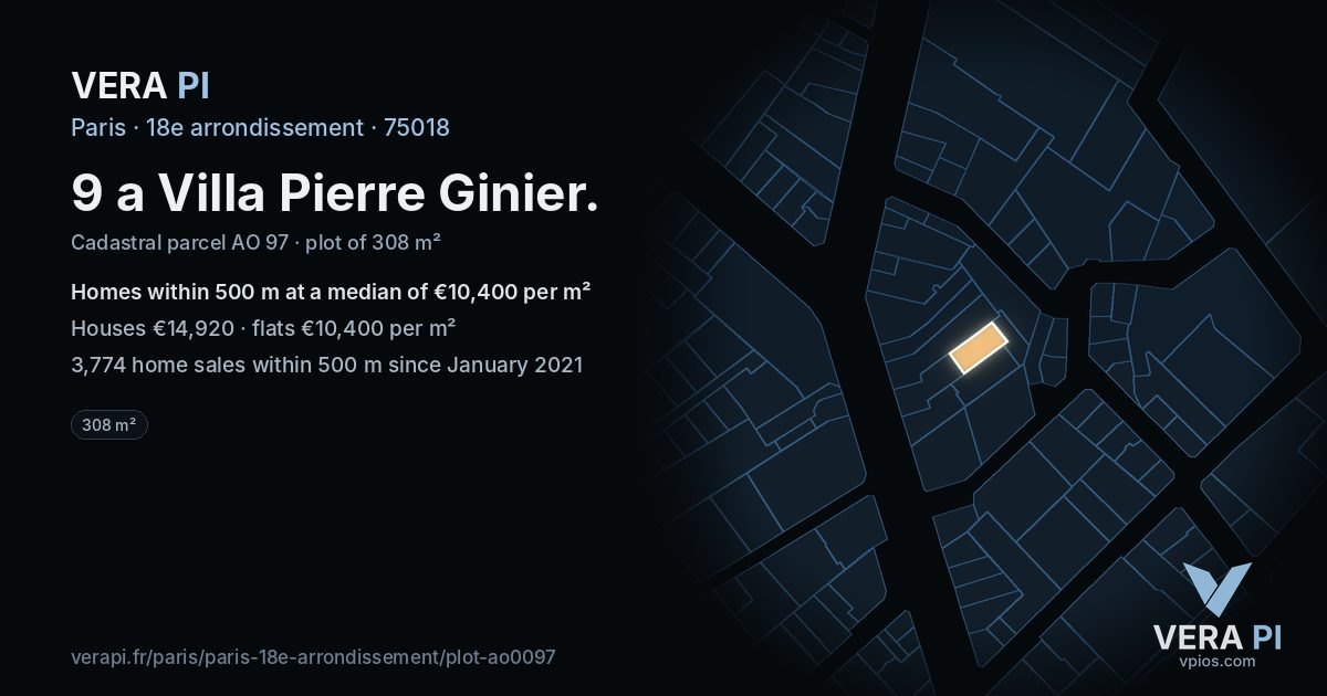 9 a Villa Pierre Ginier, 18e arrondissement at night – the plot lit, the parcels around coloured by the prices near them