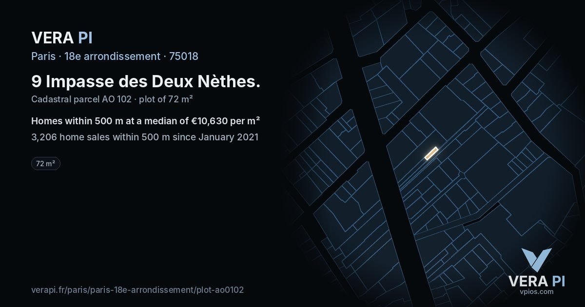 9 Impasse des Deux Nèthes, 18e arrondissement at night – the plot lit, the parcels around coloured by the prices near them