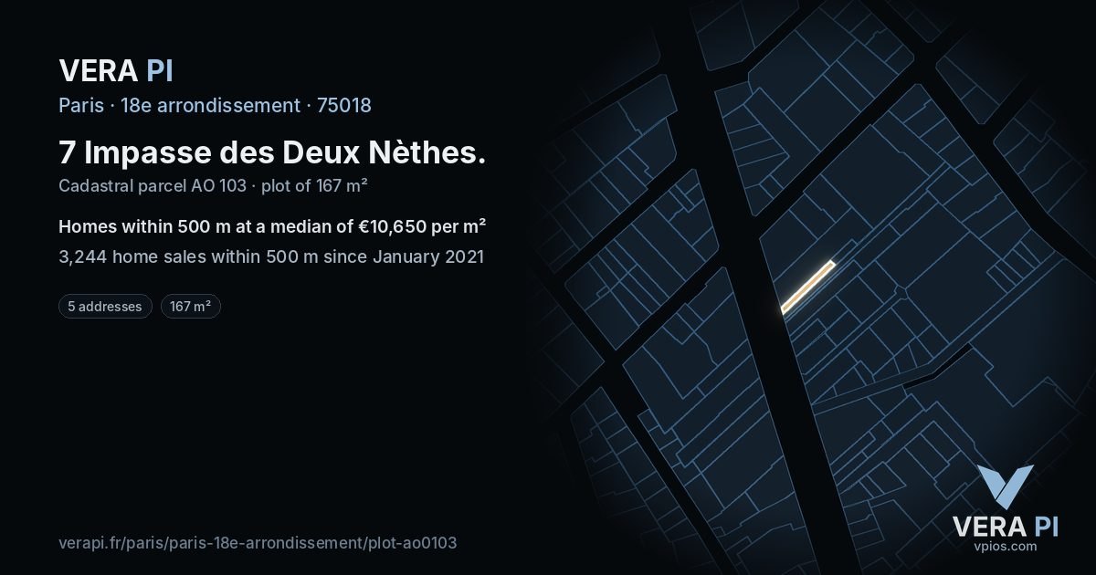 7 Impasse des Deux Nèthes, 18e arrondissement at night – the plot lit, the parcels around coloured by the prices near them