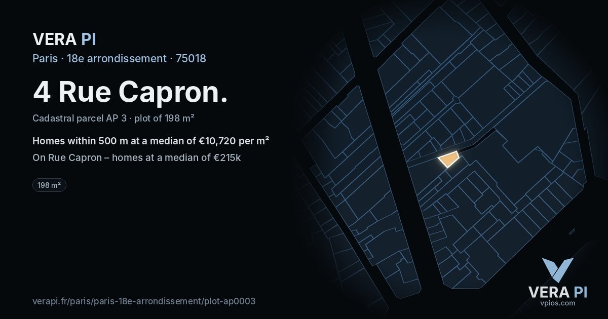 4 Rue Capron, 18e arrondissement at night – the plot lit, the parcels around coloured by the prices near them