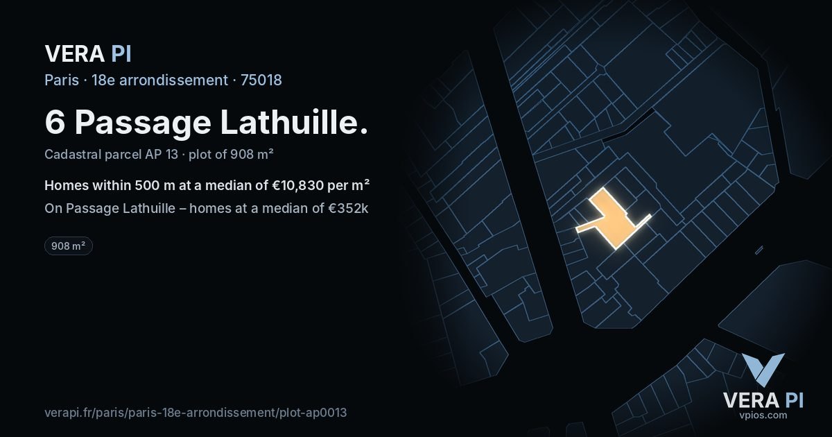 6 Passage Lathuille, 18e arrondissement at night – the plot lit, the parcels around coloured by the prices near them