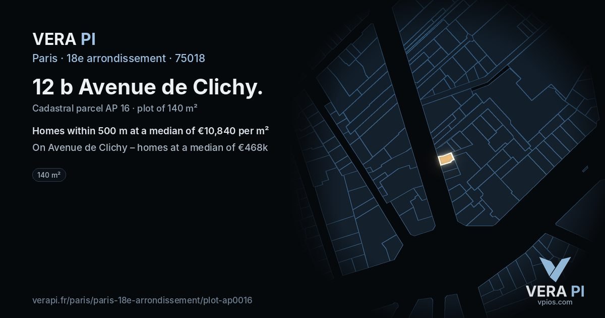 12 b Avenue de Clichy, 18e arrondissement at night – the plot lit, the parcels around coloured by the prices near them