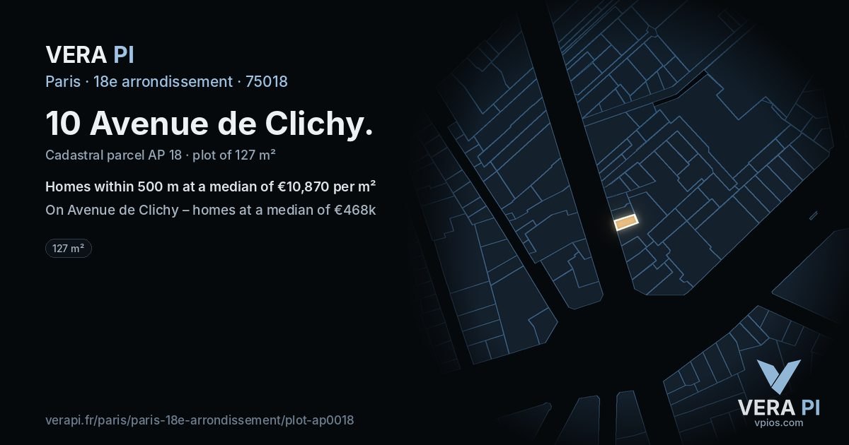 10 Avenue de Clichy, 18e arrondissement at night – the plot lit, the parcels around coloured by the prices near them