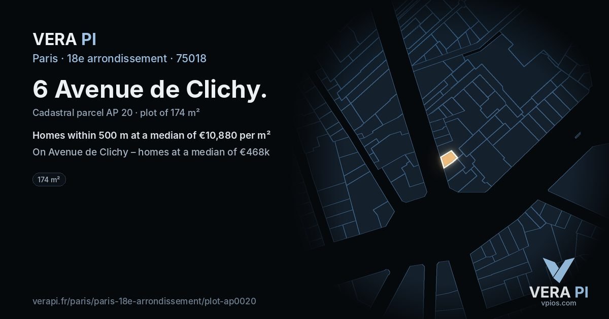 6 Avenue de Clichy, 18e arrondissement at night – the plot lit, the parcels around coloured by the prices near them