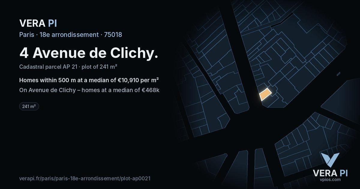 4 Avenue de Clichy, 18e arrondissement at night – the plot lit, the parcels around coloured by the prices near them