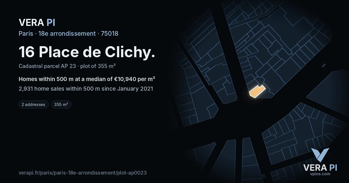 16 Place de Clichy, 18e arrondissement at night – the plot lit, the parcels around coloured by the prices near them