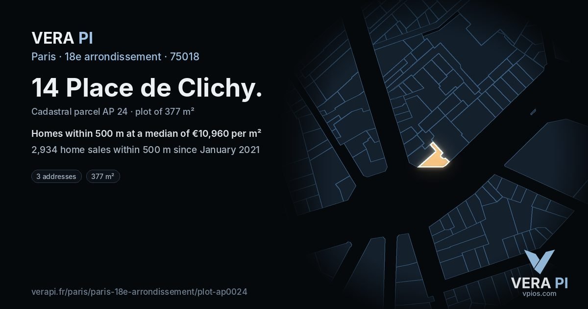 14 Place de Clichy, 18e arrondissement at night – the plot lit, the parcels around coloured by the prices near them