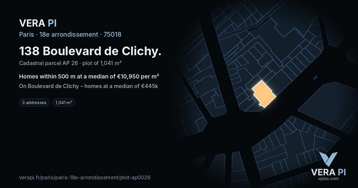 138 Boulevard de Clichy, 18e arrondissement at night – the plot lit, the parcels around coloured by the prices near them