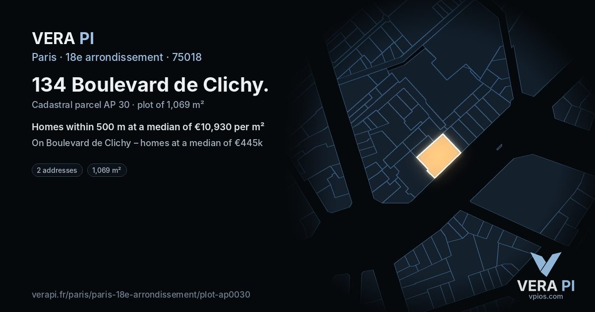 134 Boulevard de Clichy, 18e arrondissement at night – the plot lit, the parcels around coloured by the prices near them