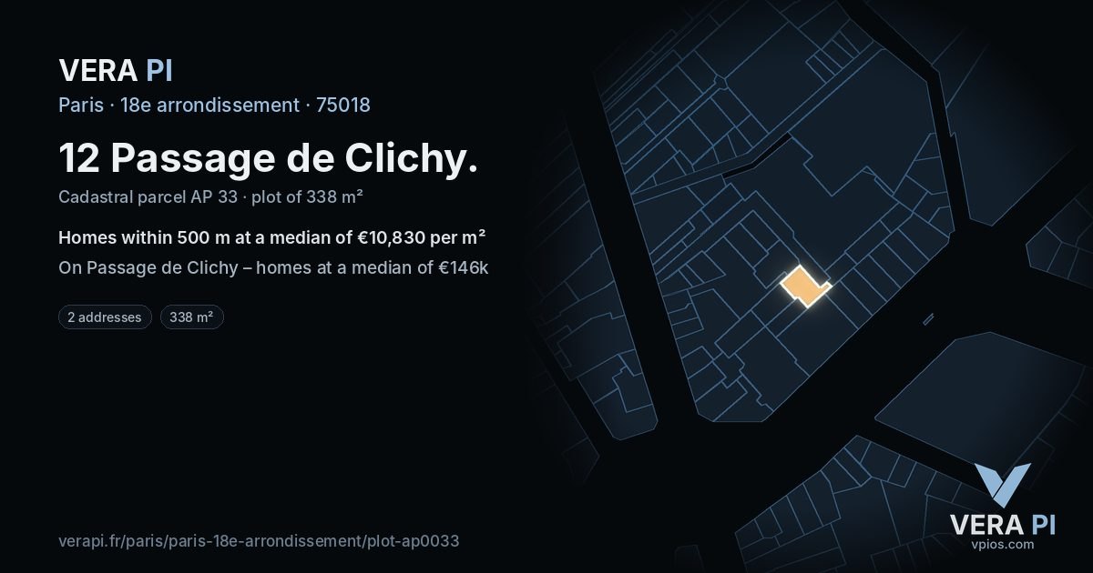 12 Passage de Clichy, 18e arrondissement at night – the plot lit, the parcels around coloured by the prices near them
