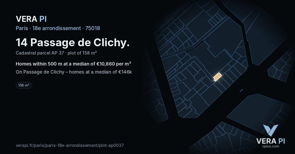 14 Passage de Clichy, 18e arrondissement at night – the plot lit, the parcels around coloured by the prices near them