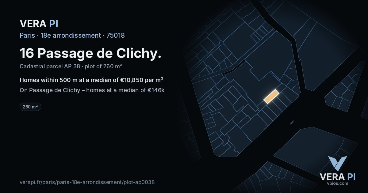 16 Passage de Clichy, 18e arrondissement at night – the plot lit, the parcels around coloured by the prices near them