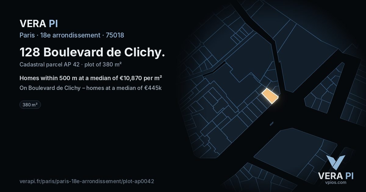 128 Boulevard de Clichy, 18e arrondissement at night – the plot lit, the parcels around coloured by the prices near them