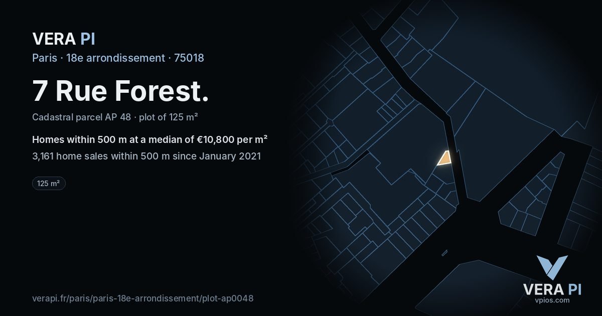7 Rue Forest, 18e arrondissement at night – the plot lit, the parcels around coloured by the prices near them