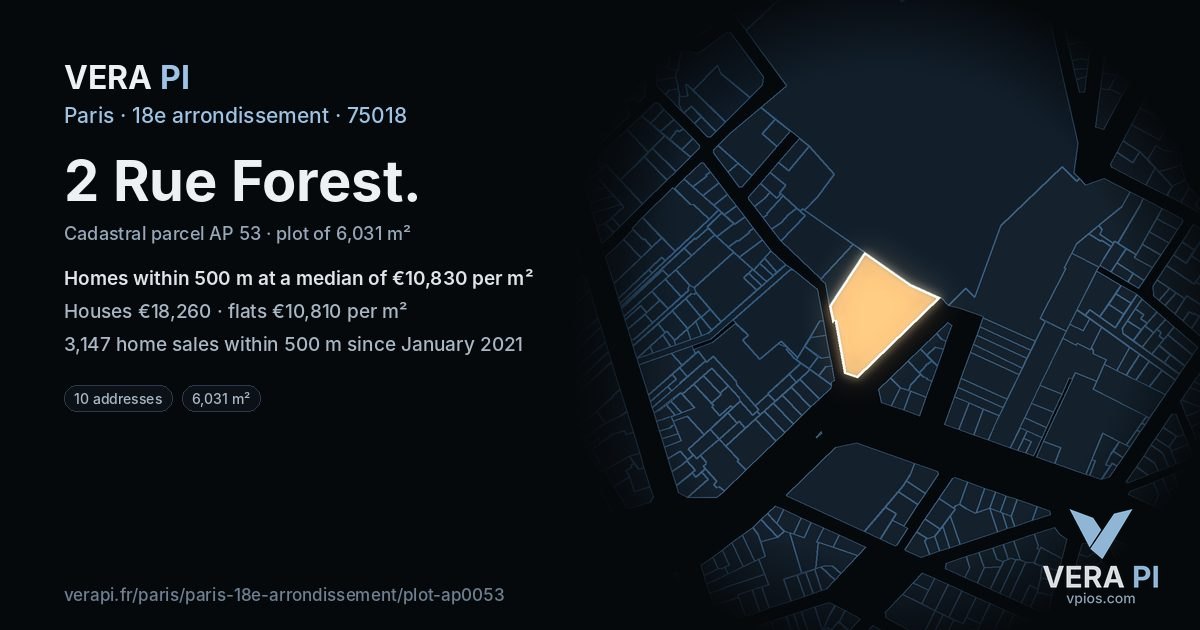 2 Rue Forest, 18e arrondissement at night – the plot lit, the parcels around coloured by the prices near them