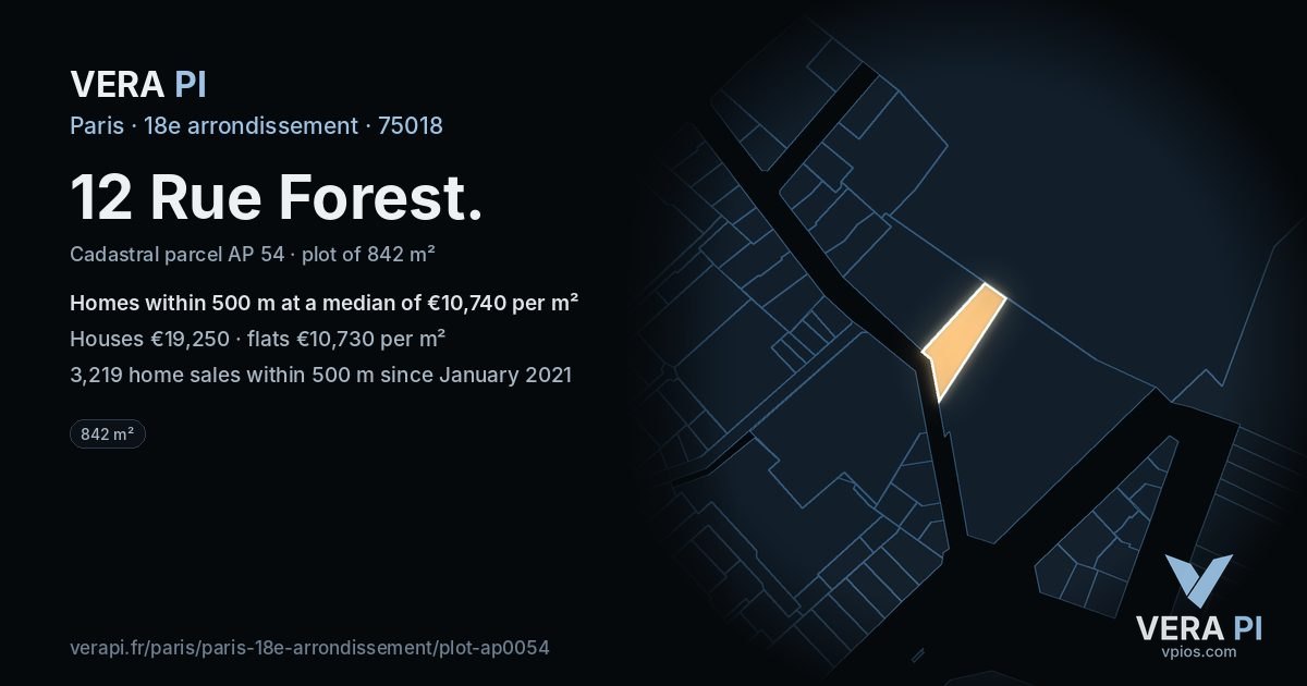 12 Rue Forest, 18e arrondissement at night – the plot lit, the parcels around coloured by the prices near them