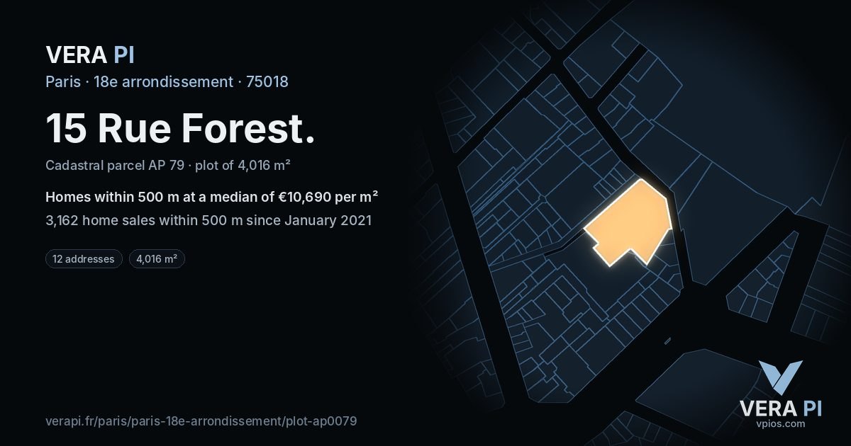 15 Rue Forest, 18e arrondissement at night – the plot lit, the parcels around coloured by the prices near them