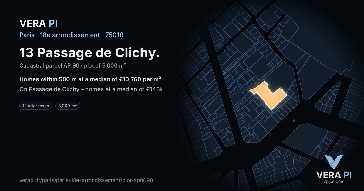 13 Passage de Clichy, 18e arrondissement at night – the plot lit, the parcels around coloured by the prices near them